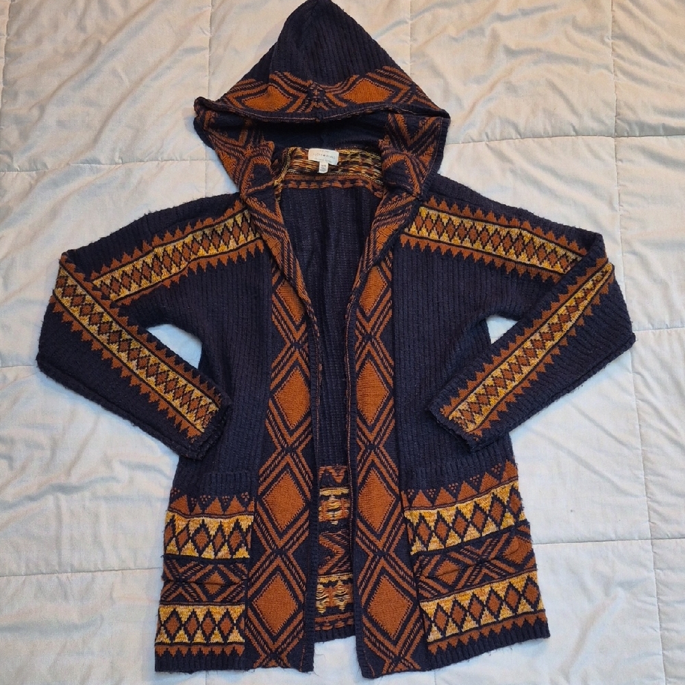 Lucky Brand Navy and Orange Patterned Hooded Cardigan